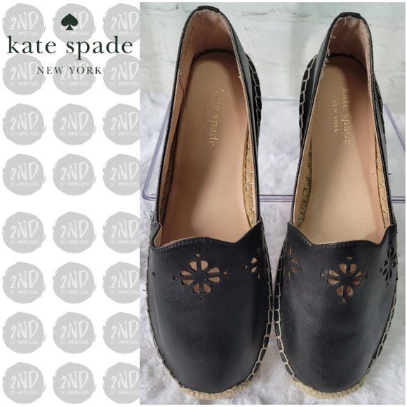 KATE SPADE Espadrille Gillian Black Leather Flats Slip On Laster Cutout Size 7 - Picture 4 of 12
